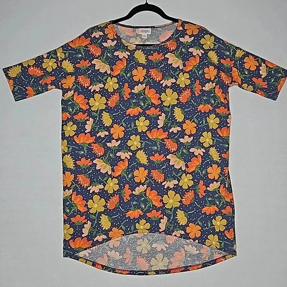 LuLaRoe Irma Short Sleeve Top Tunic Floral Blue Orange Yellow Peach Size XS